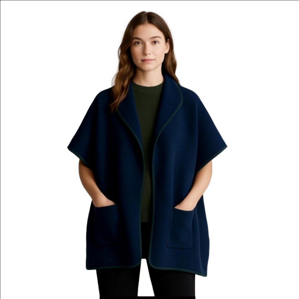 🆕 THE CASHMERE PROJECT "AUTUMN" NAVY BLUE & BLACK REVERSIBLE PONCHO